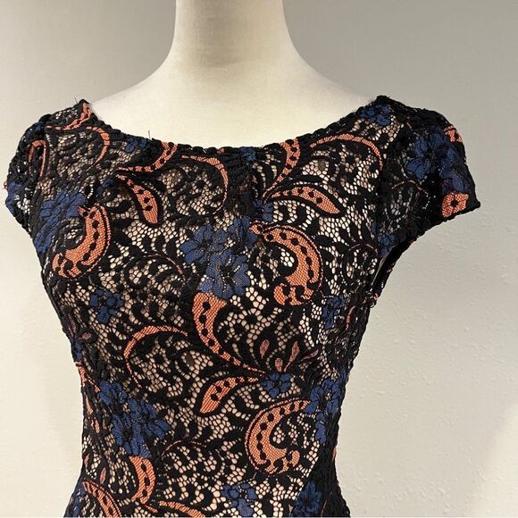 Mystic Black and Orange lace Sheath Midi Dress with Cap Sleeves size extra small - Picture 2 of 13